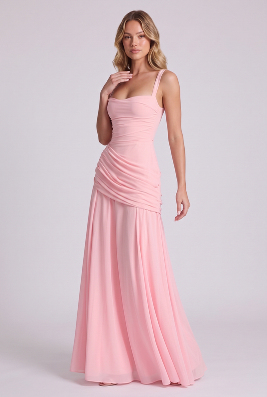 Annabelle Ruched Drape Maxi Dress in Pink - three-quarter view