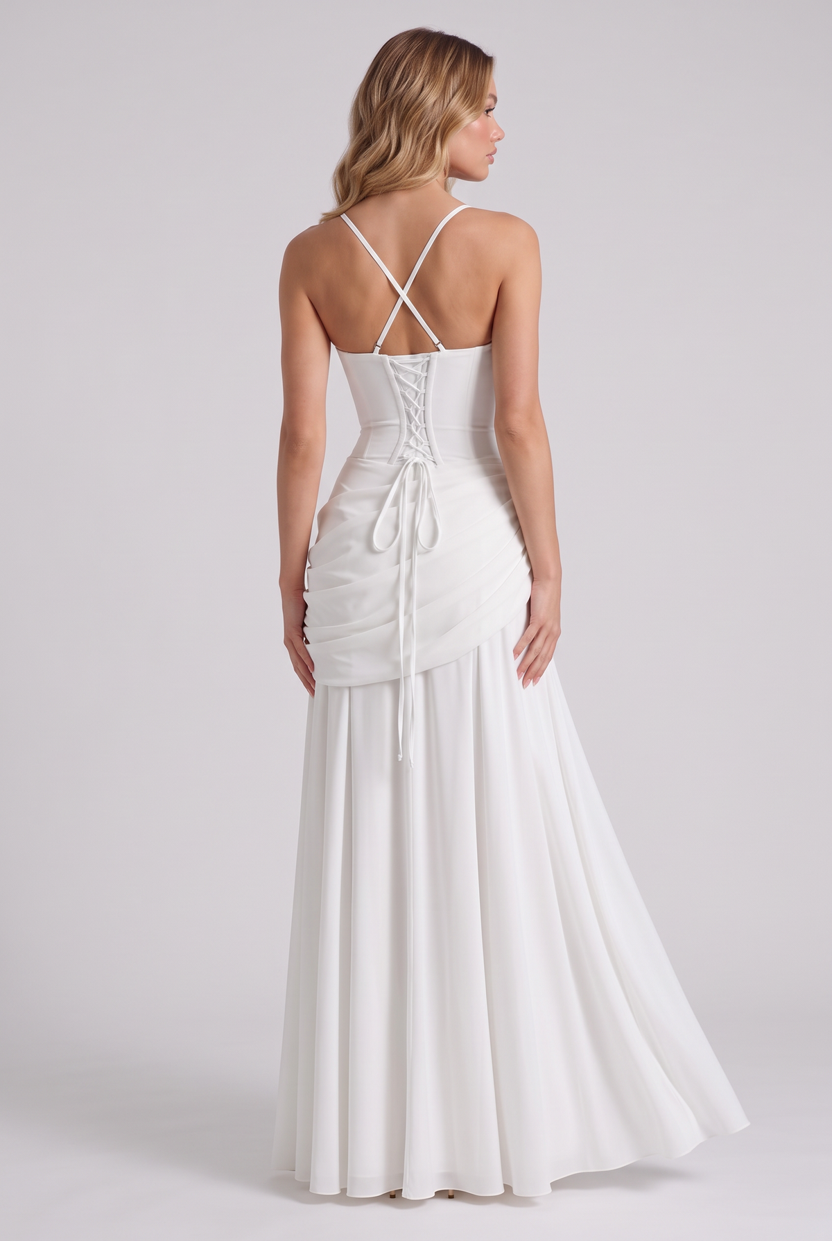Annabelle Ruched Drape Maxi Dress in White - back view