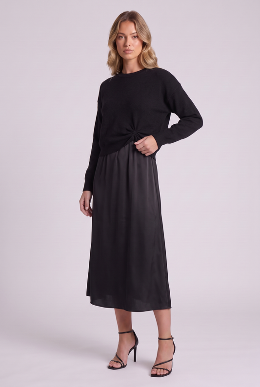 Colette Sweater & Satin Dress Set in Black, three-quarter view