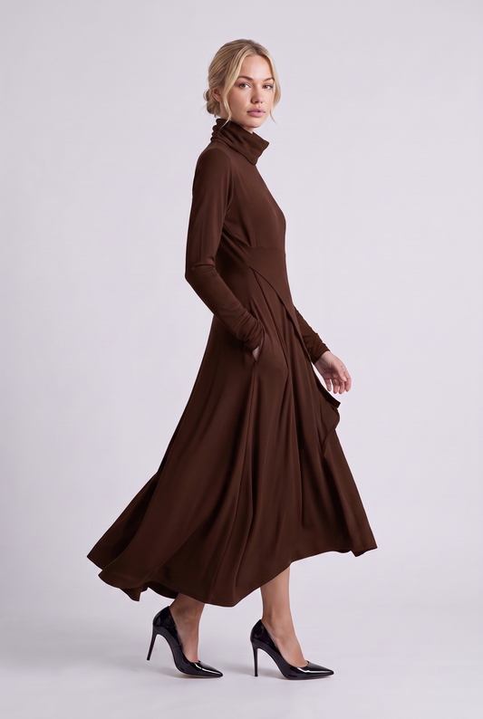 Aurelie Draped Turtleneck Maxi Dress in Brown, three-quarter view