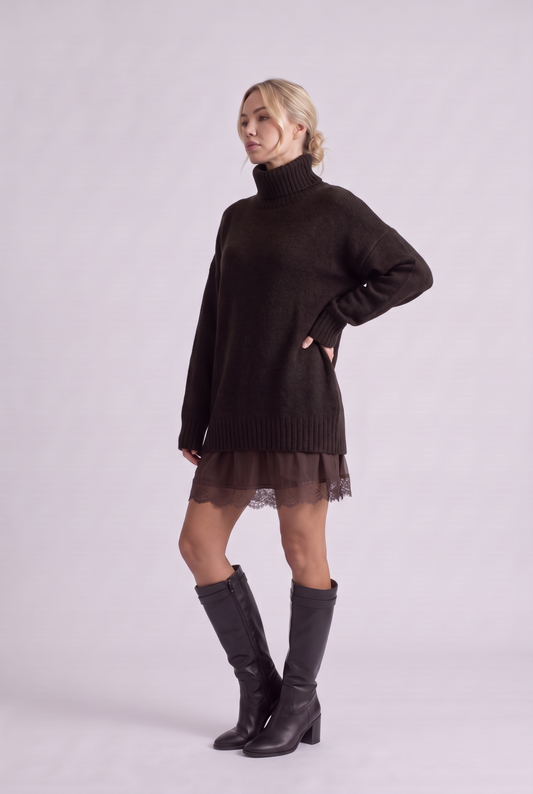 Brielle Oversized Turtleneck Sweater in Dark Brown, three-quarter view