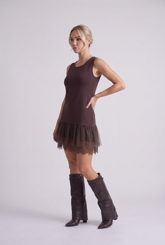 Sylvie Lace Hem Slip Dress in Chocolate Brown, three-quarter view
