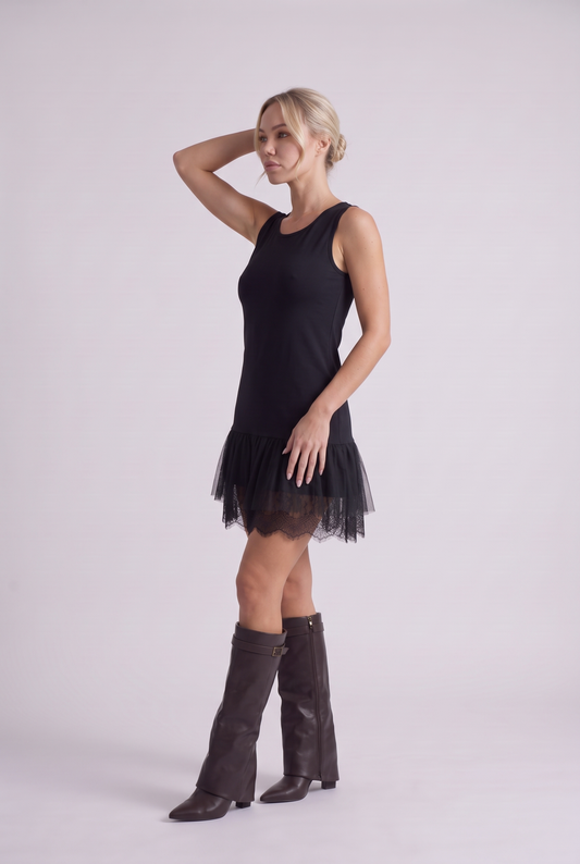Sylvie Lace Hem Slip Dress in Black, three-quarter view