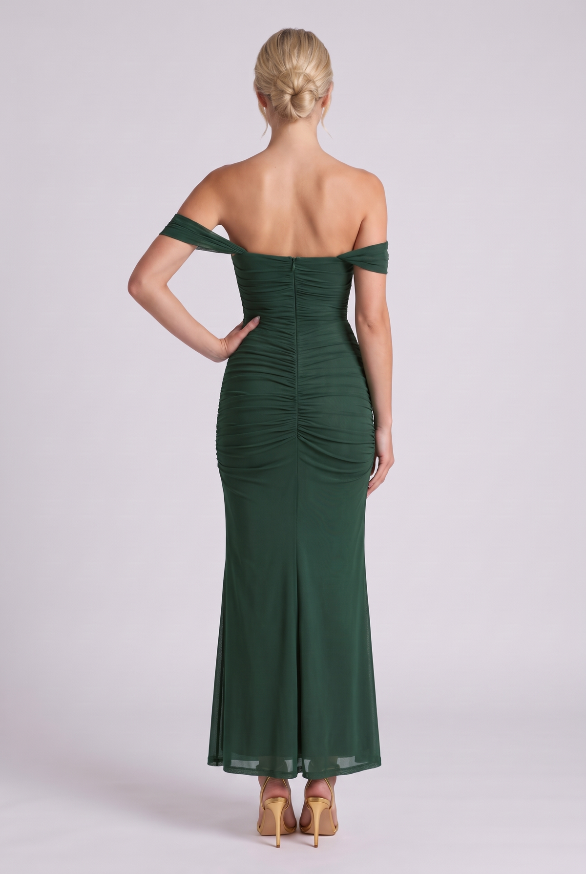 Lucienne Off-Shoulder Ruched Maxi Dress in Dark Green - back view