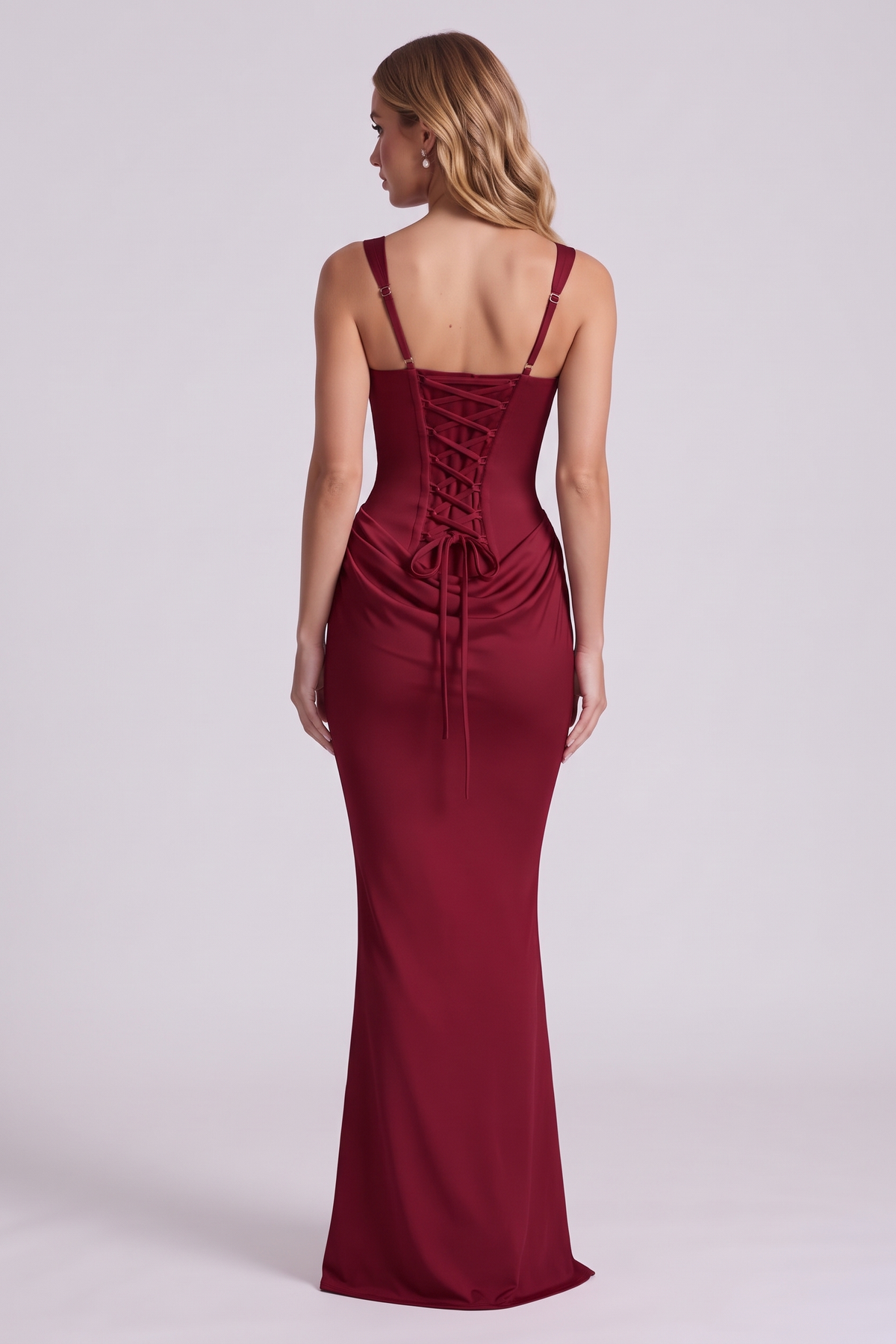Isadora Corset Gown in Burgundy, back view