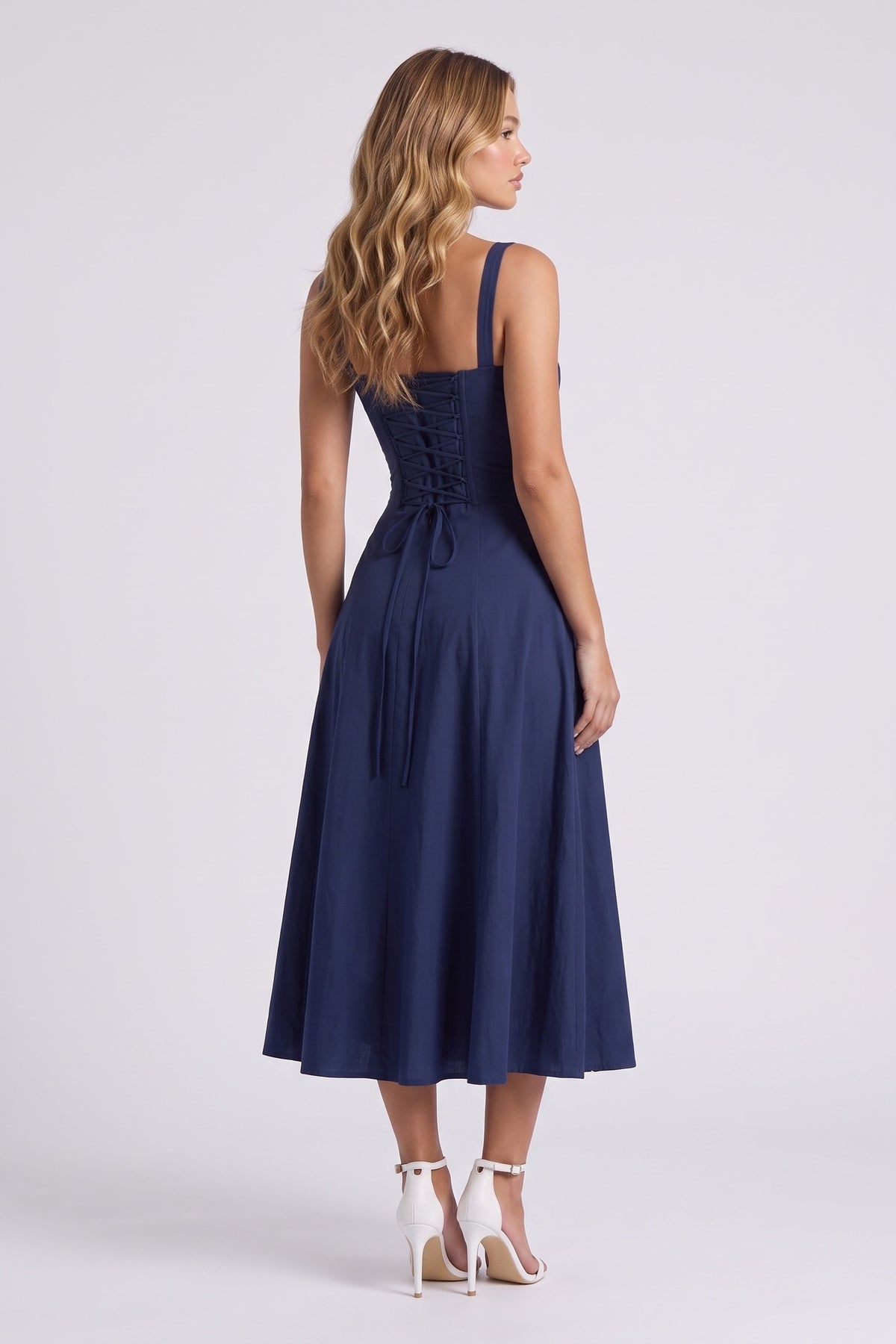 Rosalie Corset Midi Dress - Navy Blue, lace-up back