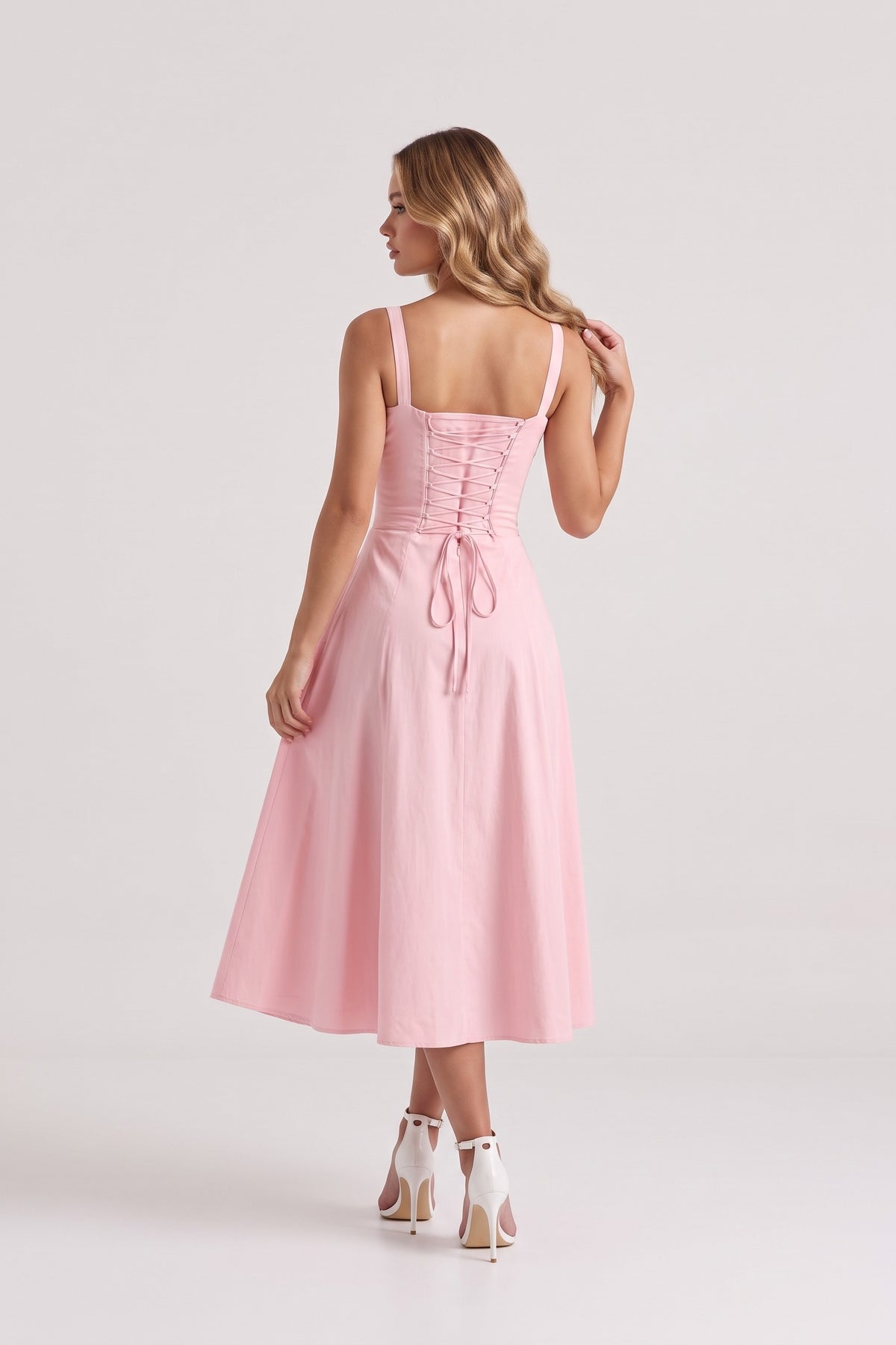 Rosalie Corset Midi Dress - Pink, lace-up back