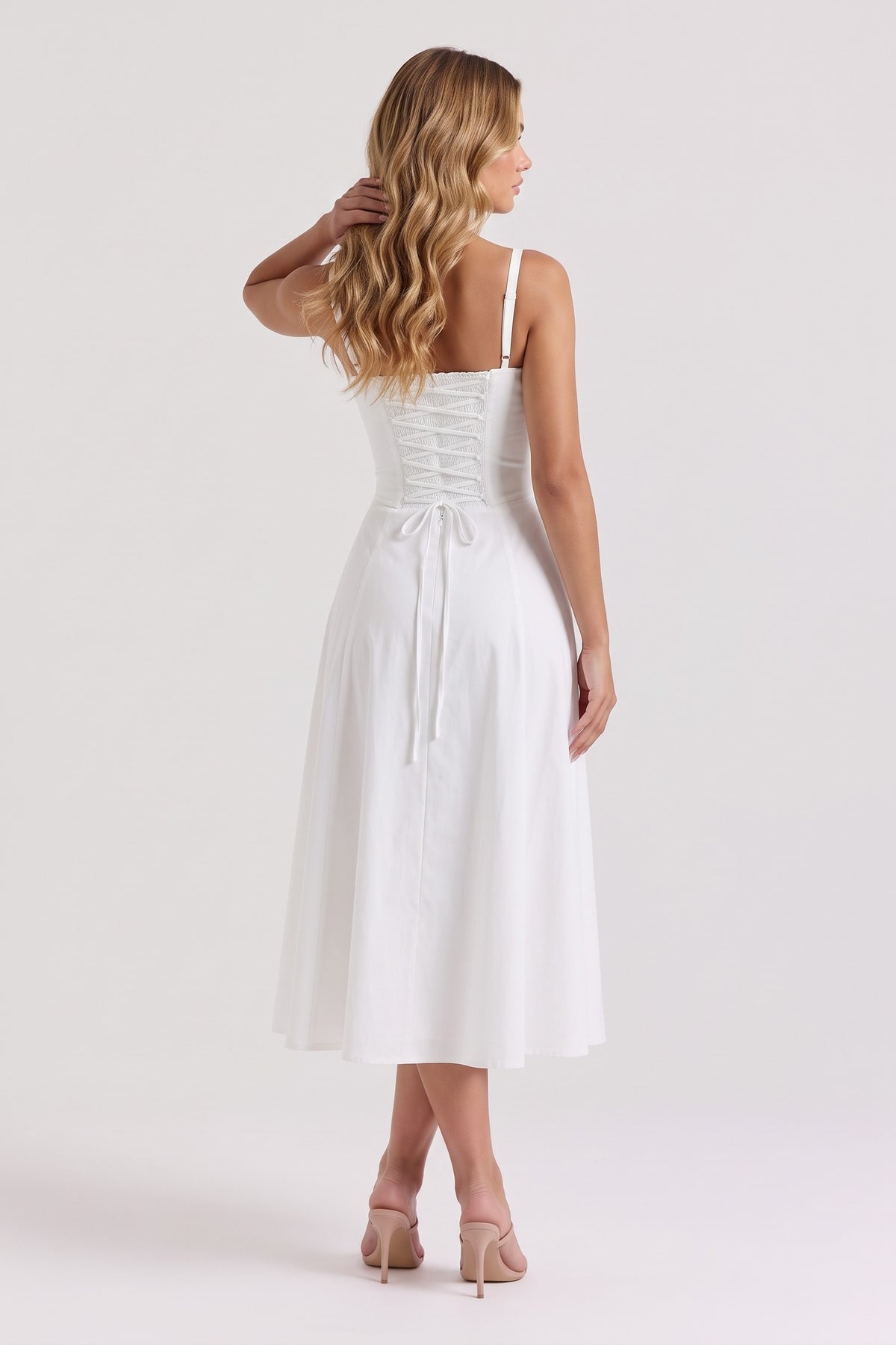 Rosalie Corset Midi Dress - White, lace-up back