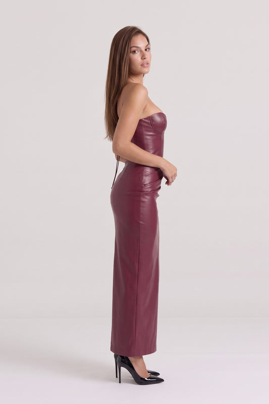 Scarlett Faux Leather Corset Maxi Dress in burgundy, side view