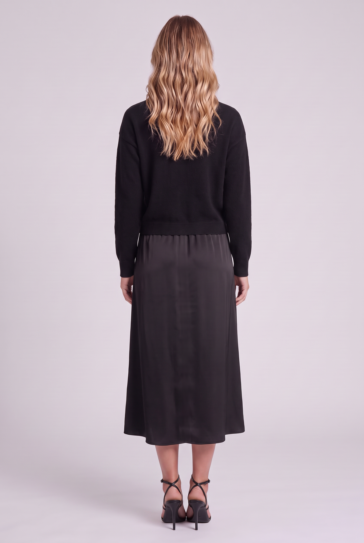 Colette Sweater & Satin Dress Set in Black, back view