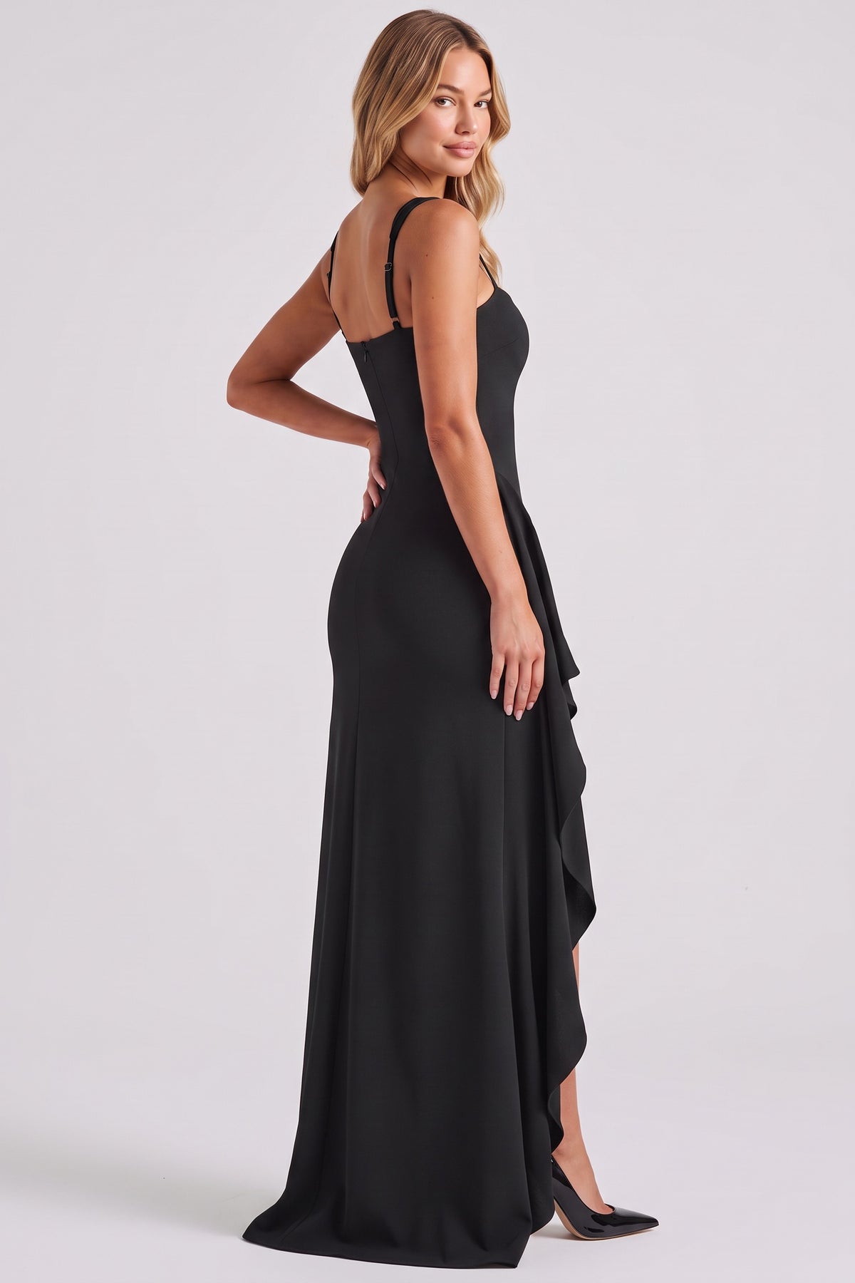 Sloane Open Back Slit Maxi Dress in Black - over-the-shoulder back view