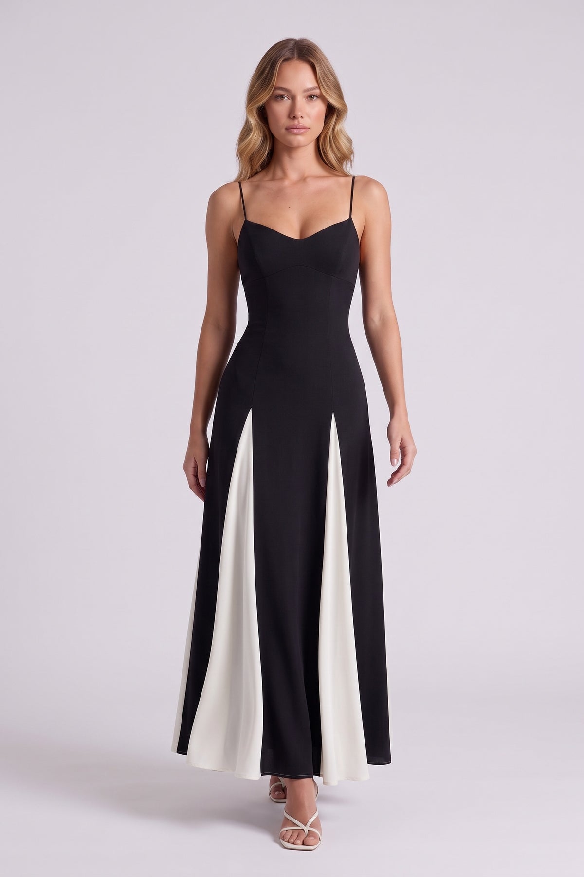 Riviera Paneled Maxi Dress - Black and White, walking
