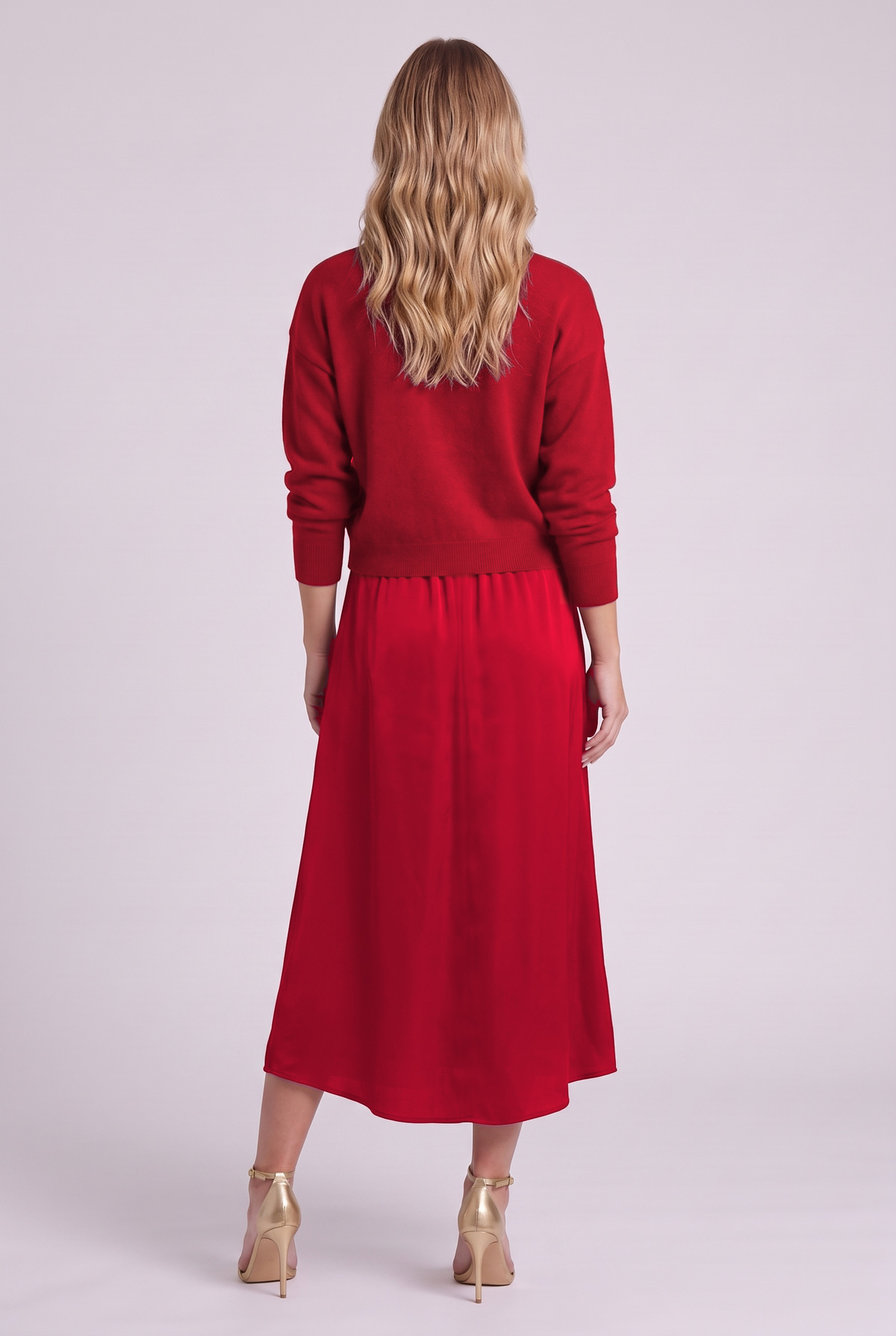 Colette Sweater & Satin Dress Set in Red, back view
