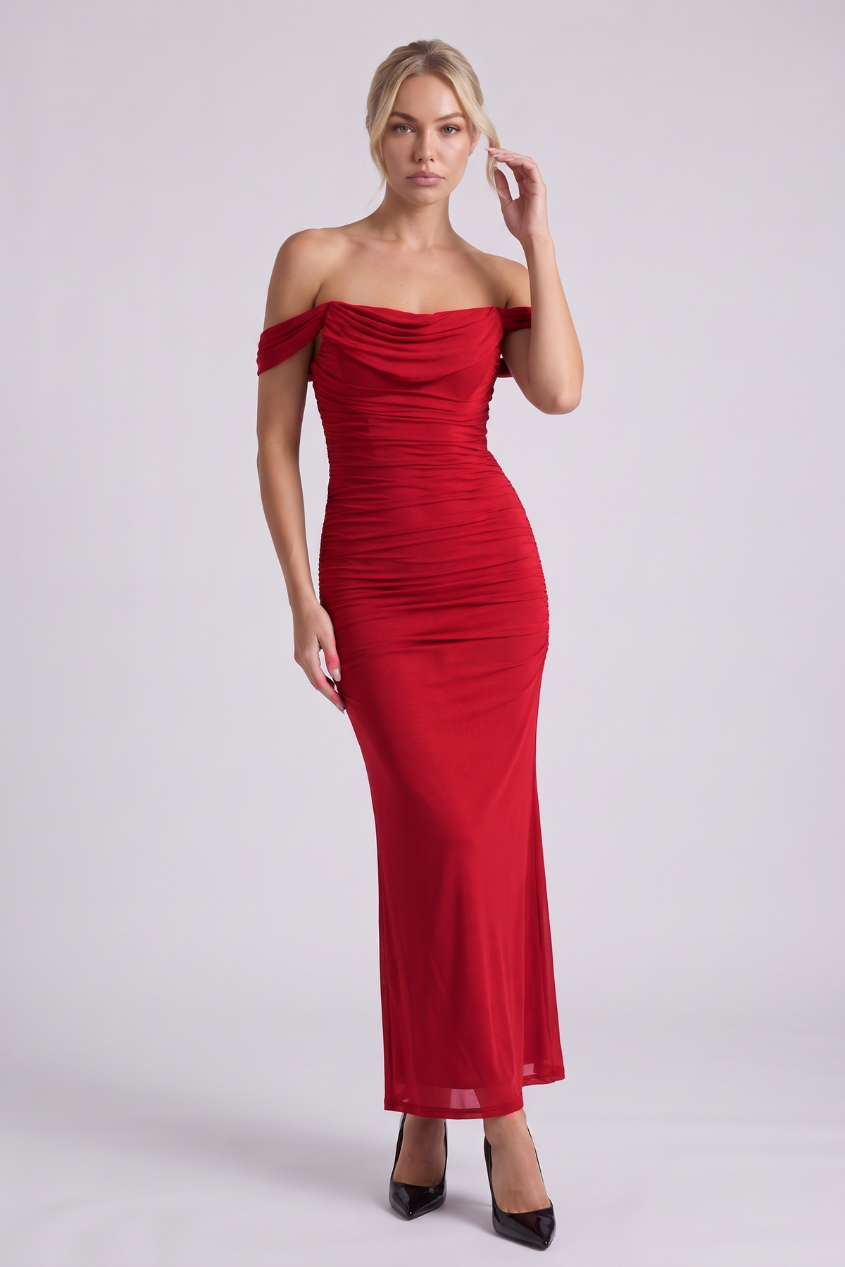 Lucienne Off-Shoulder Ruched Maxi Dress in Red - front view