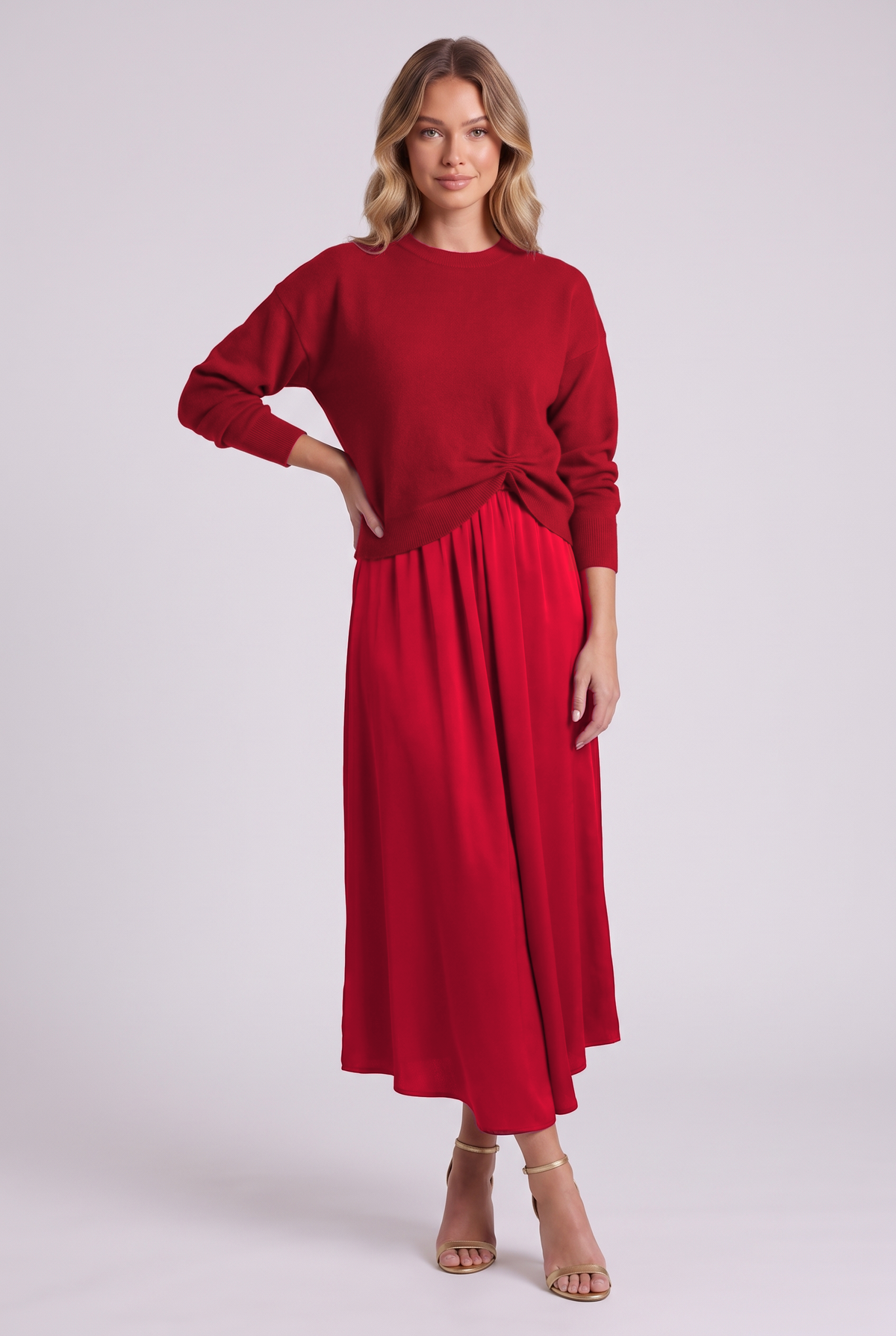 Colette Sweater & Satin Dress Set in Red, front view