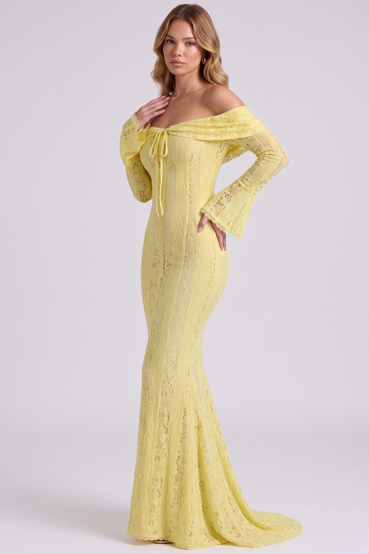 Amara Lace Gown in Yellow - side view