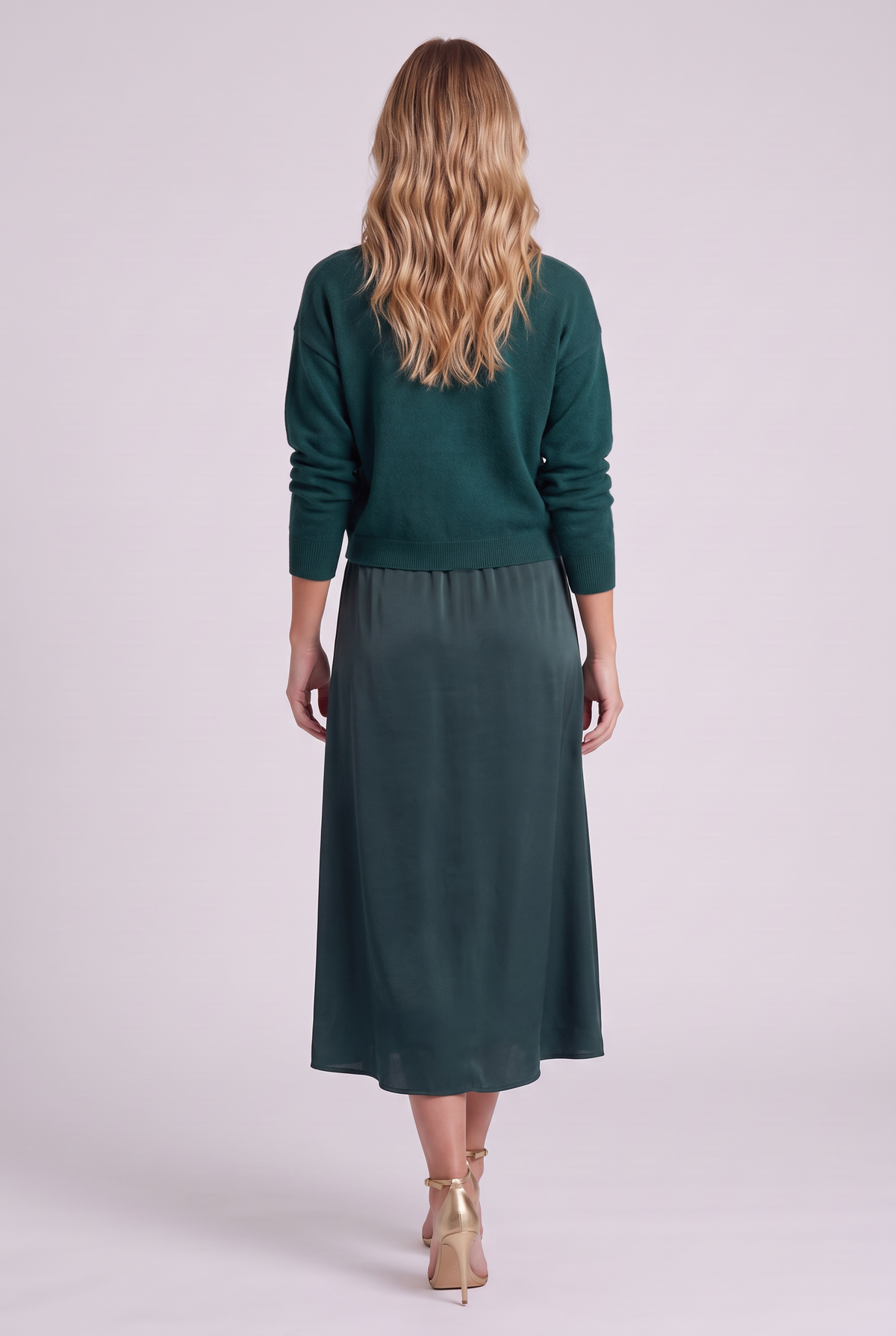 Colette Sweater & Satin Dress Set in Green, back view