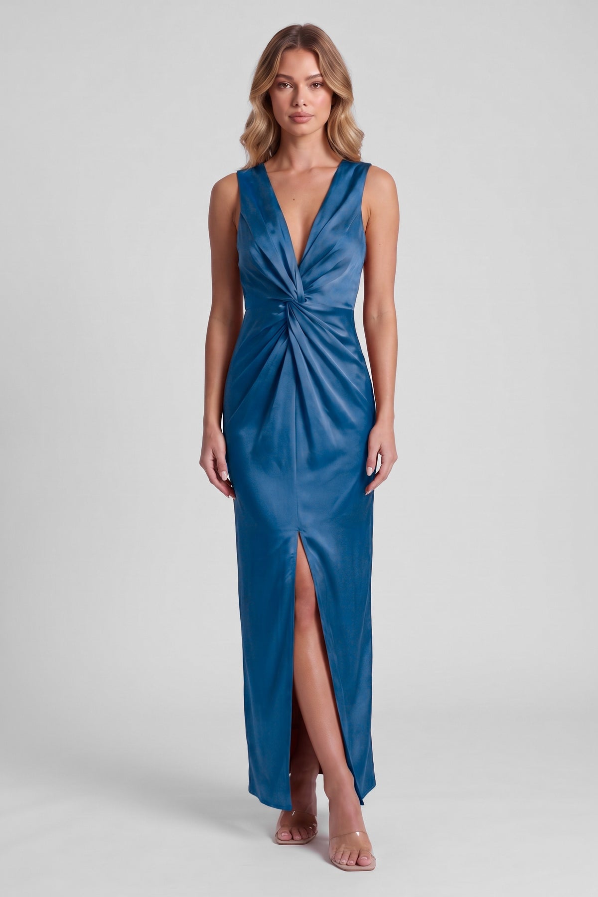 Daphne Satin Twist Maxi Dress - Ocean Blue, front slit view