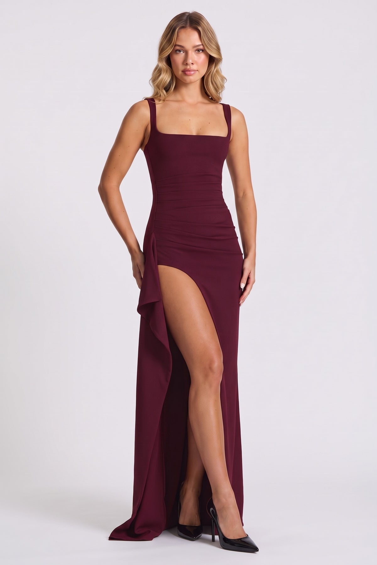 Sloane Open Back Slit Maxi Dress in Cherry - front view