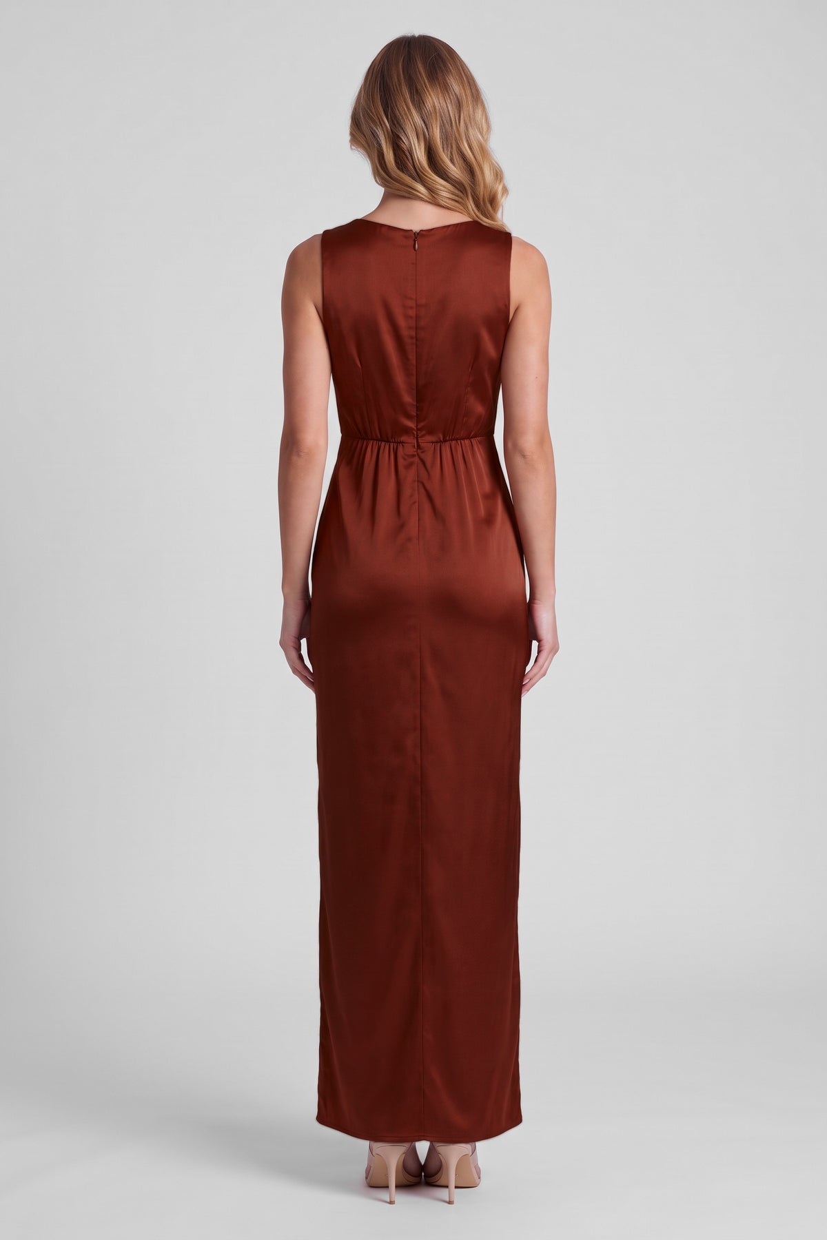 Daphne Satin Twist Maxi Dress - Rust, back view