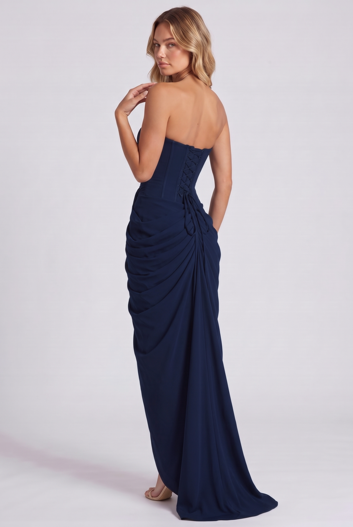 Ophelia Corset Maxi Dress in Navy Blue - over-the-shoulder back view