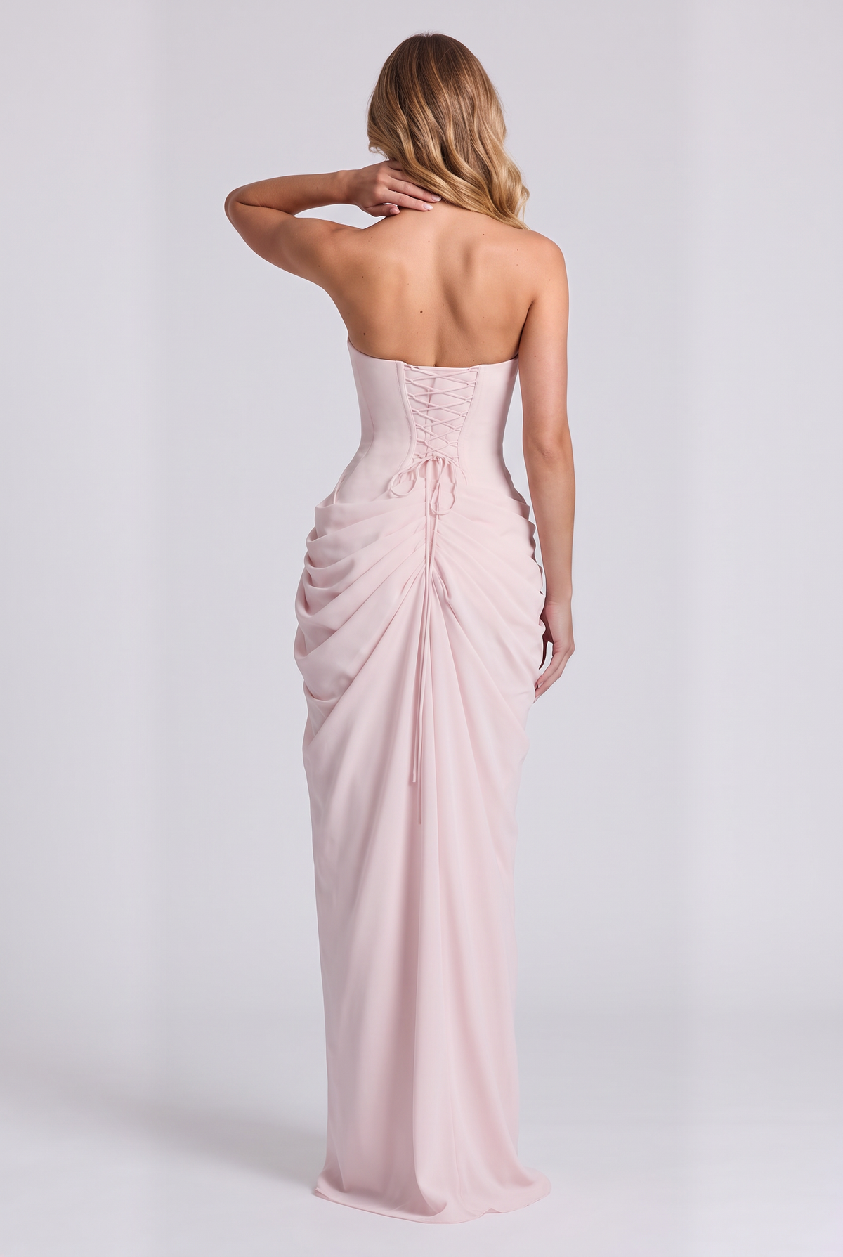 Ophelia Corset Maxi Dress in Blush - back view