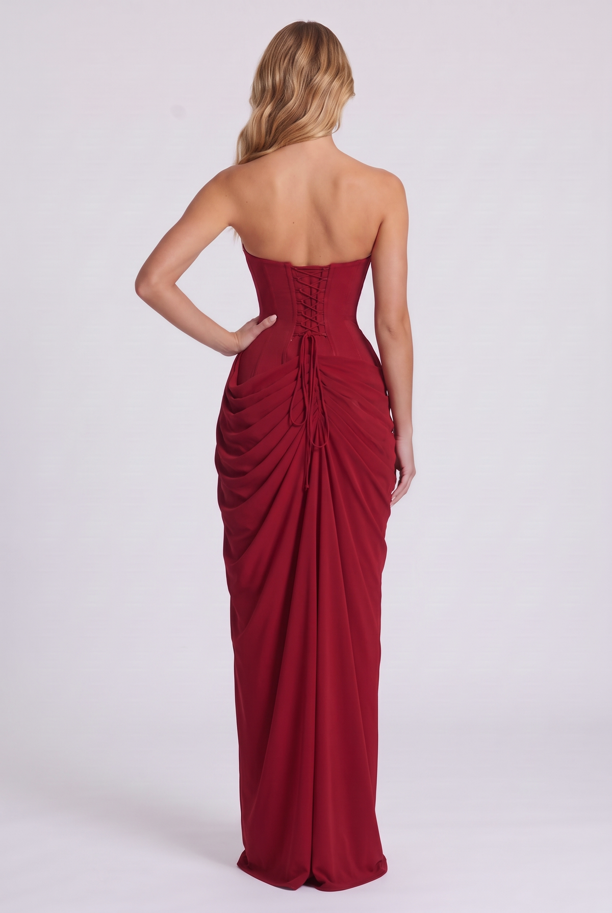 Ophelia Corset Maxi Dress in Deep Red - back view