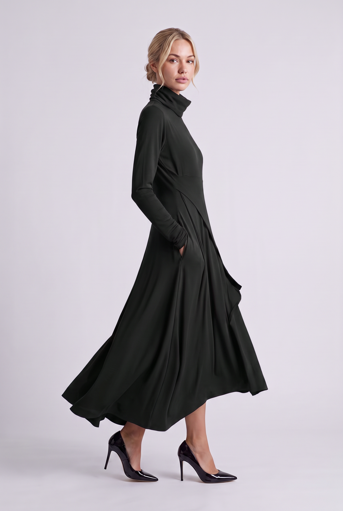 Aurelie Draped Turtleneck Maxi Dress in Black, three-quarter view