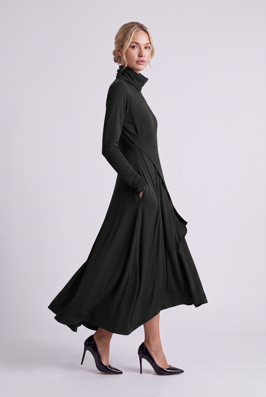 Aurelie Draped Turtleneck Maxi Dress in Black, three-quarter view