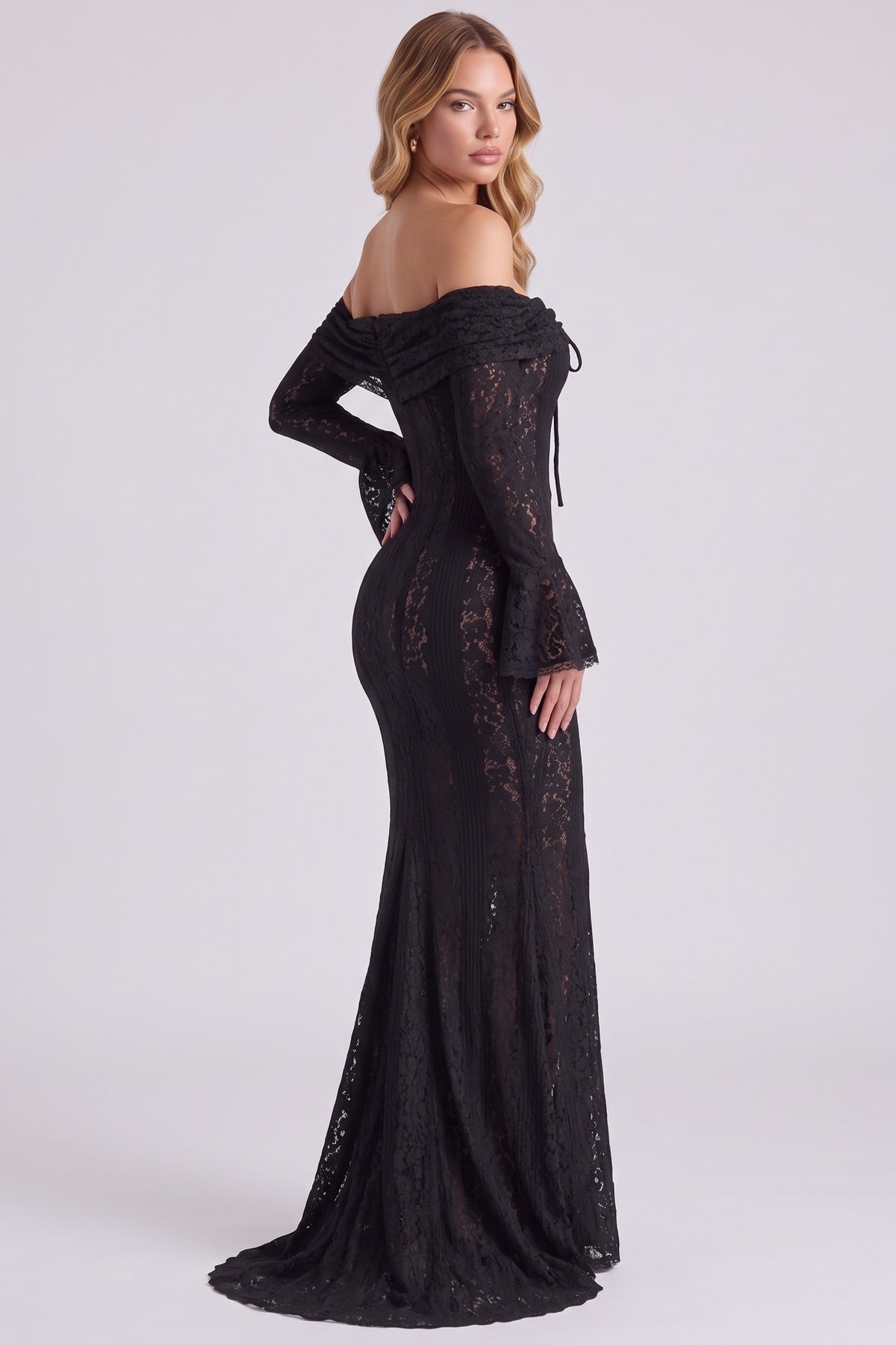 Amara Lace Gown in Black - side back view