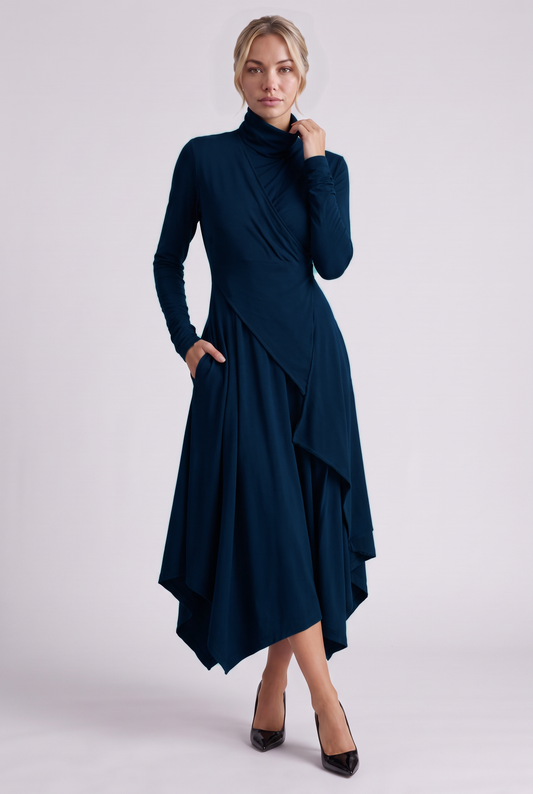 Aurelie Draped Turtleneck Maxi Dress in Navy, front view