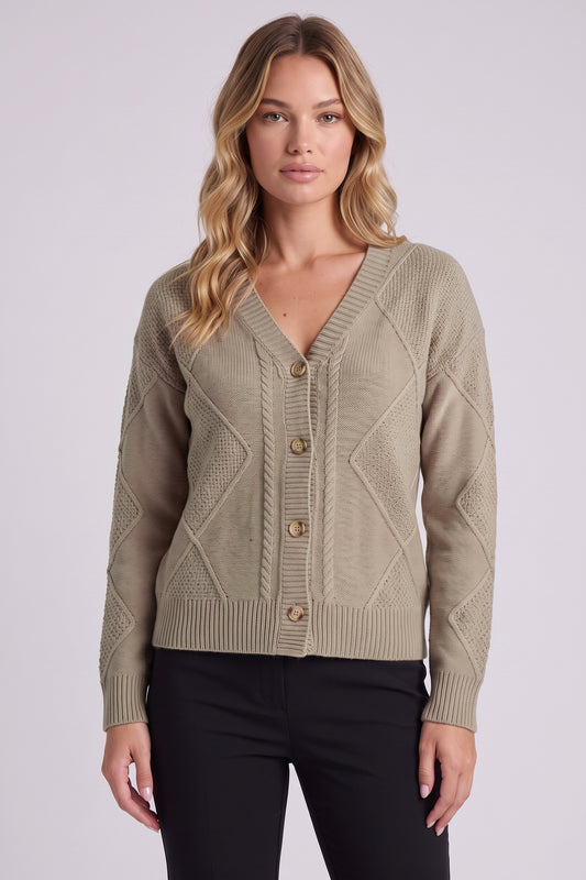 Maren Cable Knit Button Cardigan in Taupe - front view