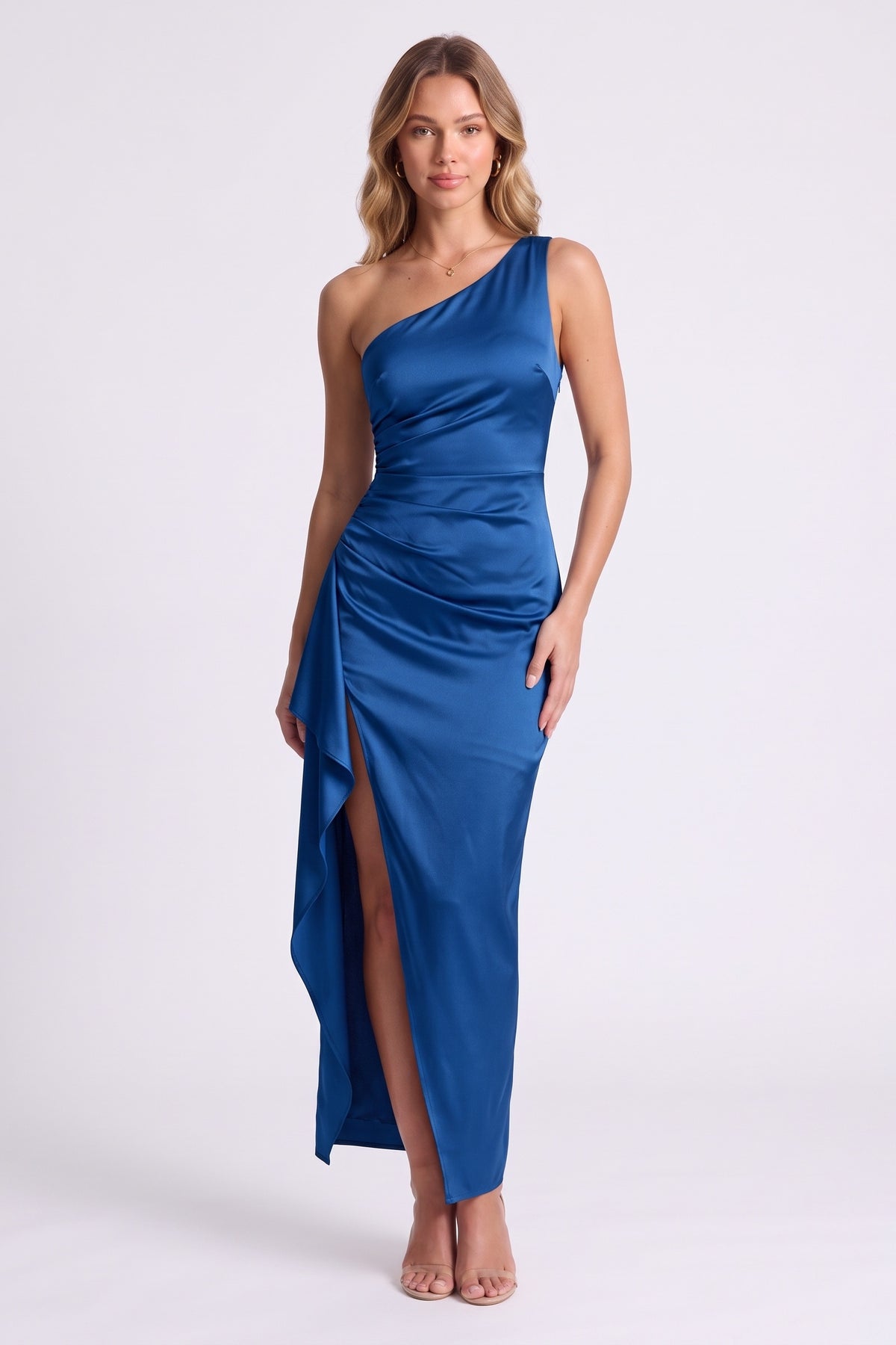 Serena One-Shoulder Satin Gown in Blue, front view