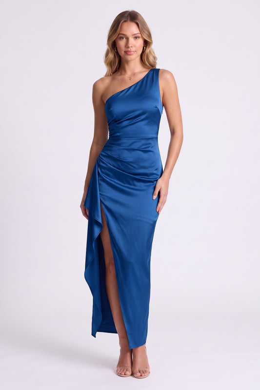 Serena One-Shoulder Satin Gown in Blue, front view