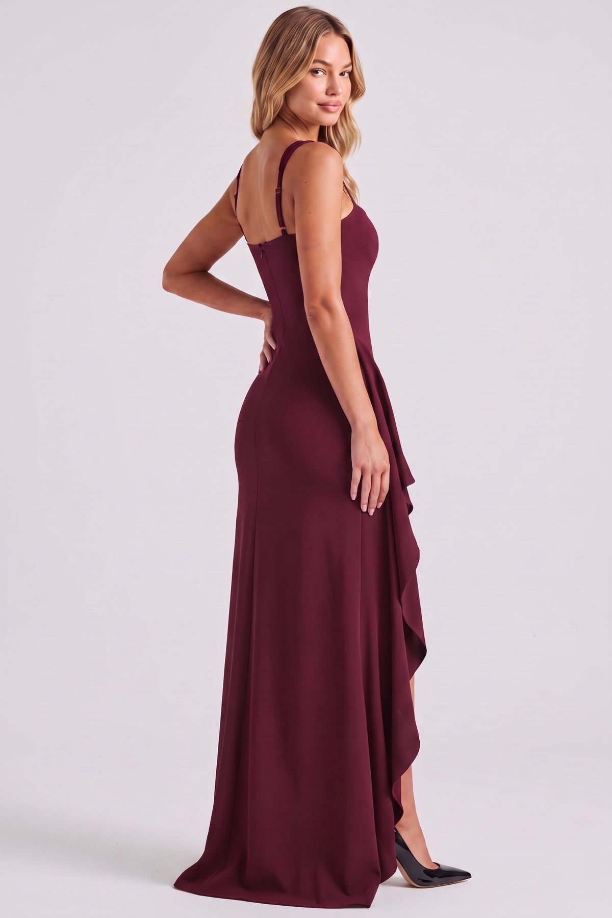 Sloane Open Back Slit Maxi Dress in Cherry - rear three-quarter view