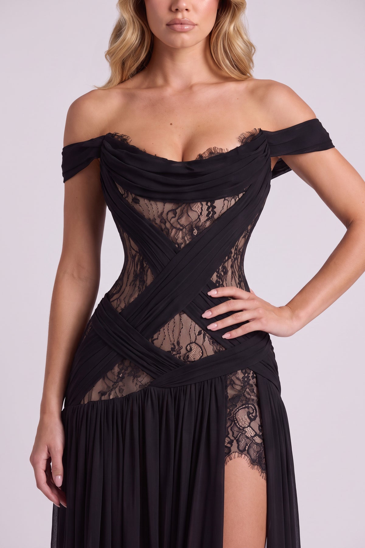 Morgana Lace Corset Maxi Dress in Black - close-up