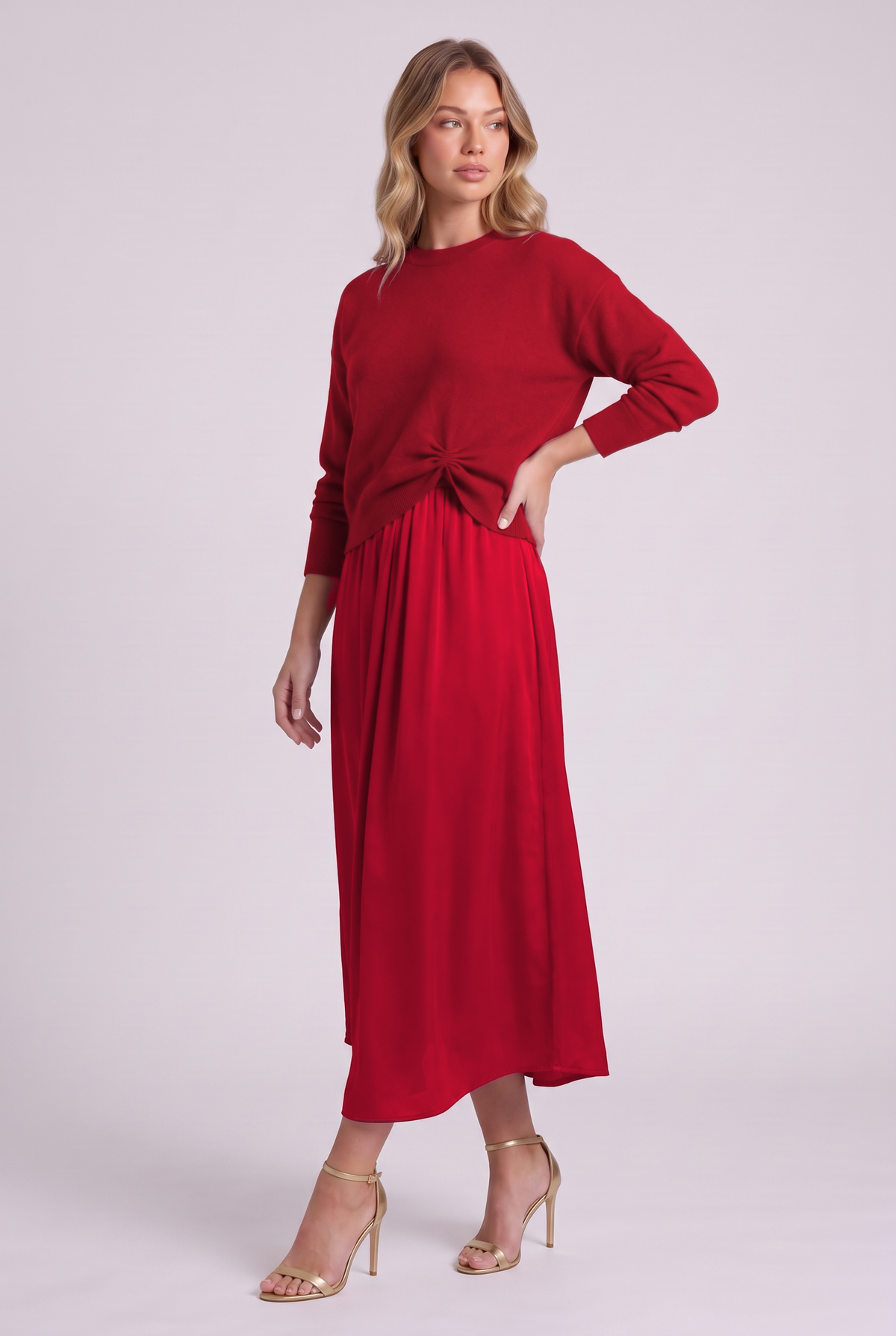 Colette Sweater & Satin Dress Set in Red, three-quarter view