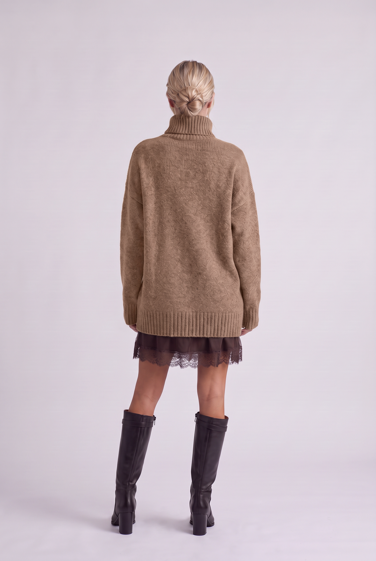 Brielle Oversized Turtleneck Sweater in Khaki, back view