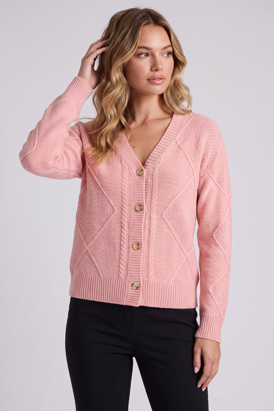 Maren Cable Knit Button Cardigan in Pink - front view
