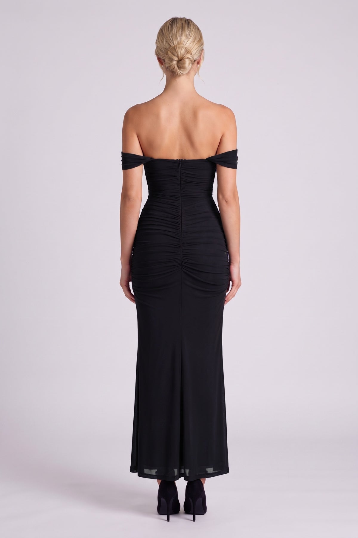 Lucienne Off-Shoulder Ruched Maxi Dress in Black - back view