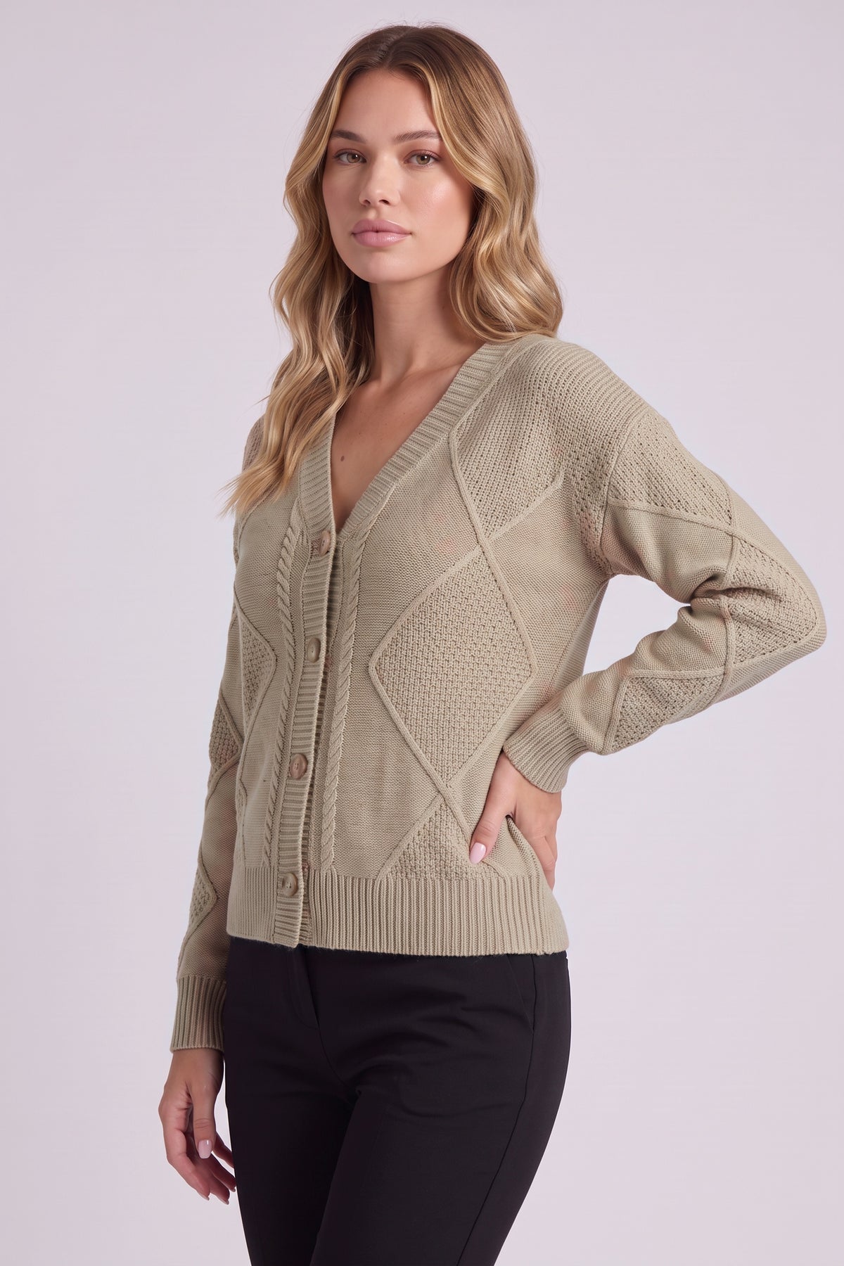 Maren Cable Knit Button Cardigan in Taupe - three-quarter view