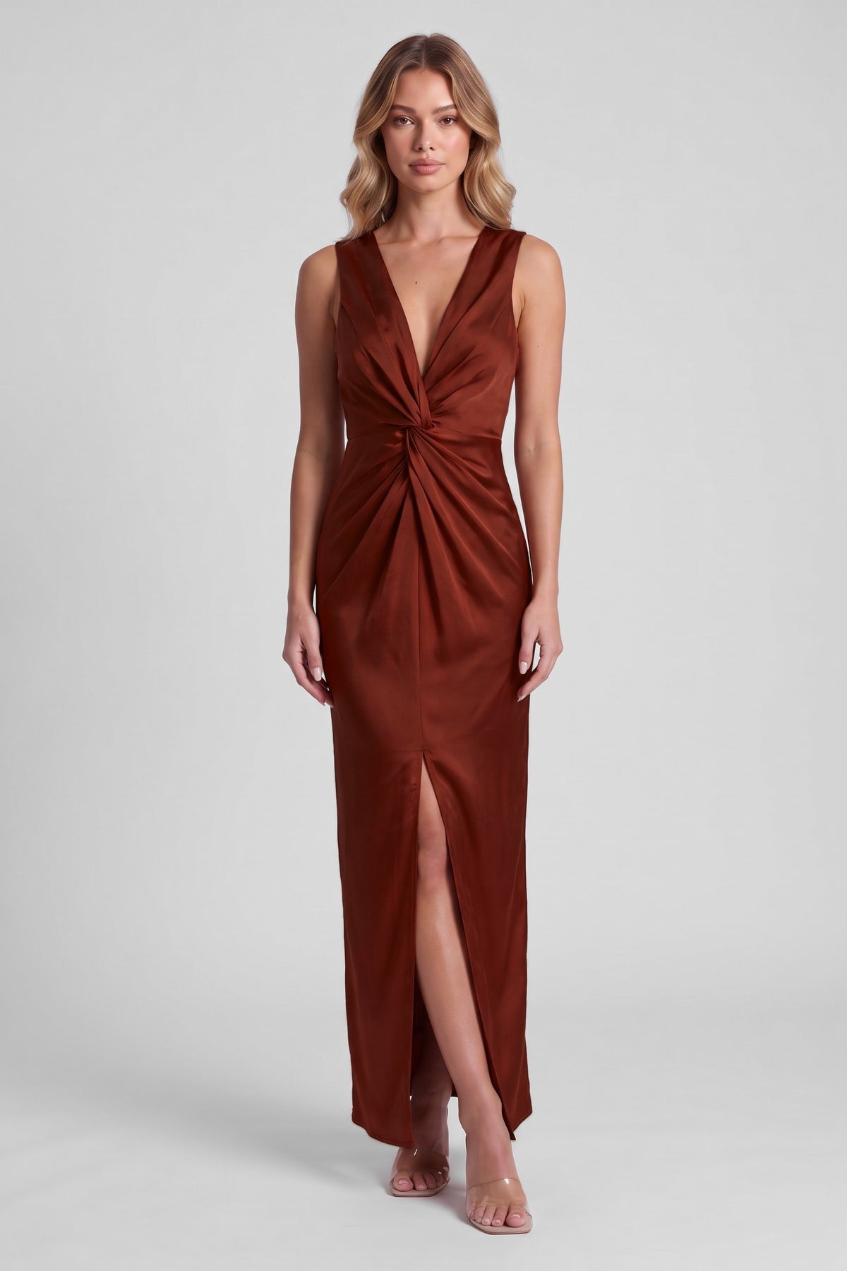 Daphne Satin Twist Maxi Dress - Rust, front slit view