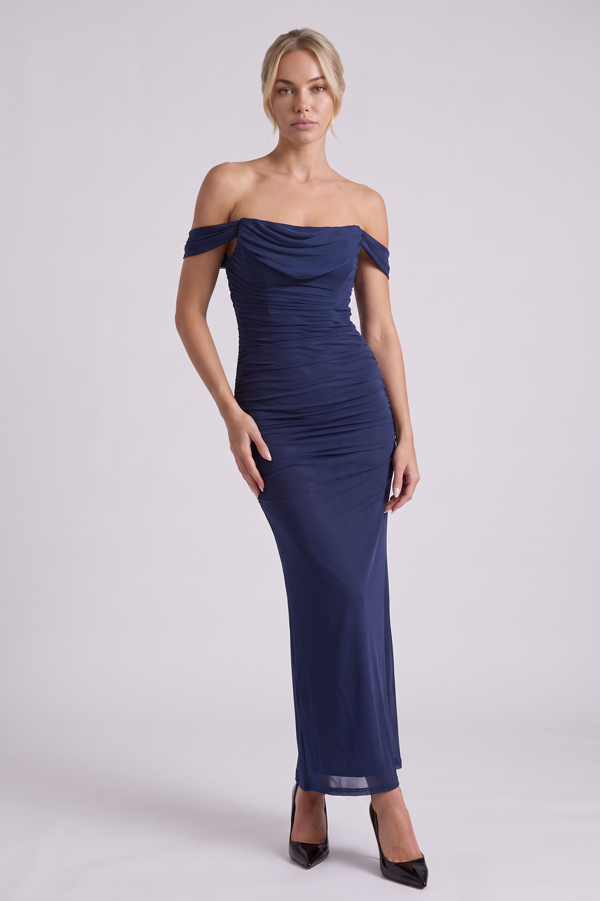Lucienne Off-Shoulder Ruched Maxi Dress in Navy Blue - front view
