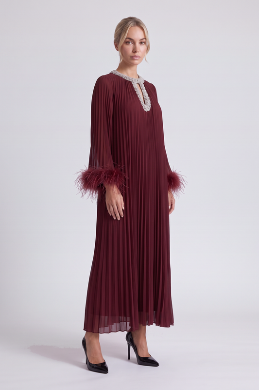 Odessa Feather Dress in Burgundy - three-quarter view