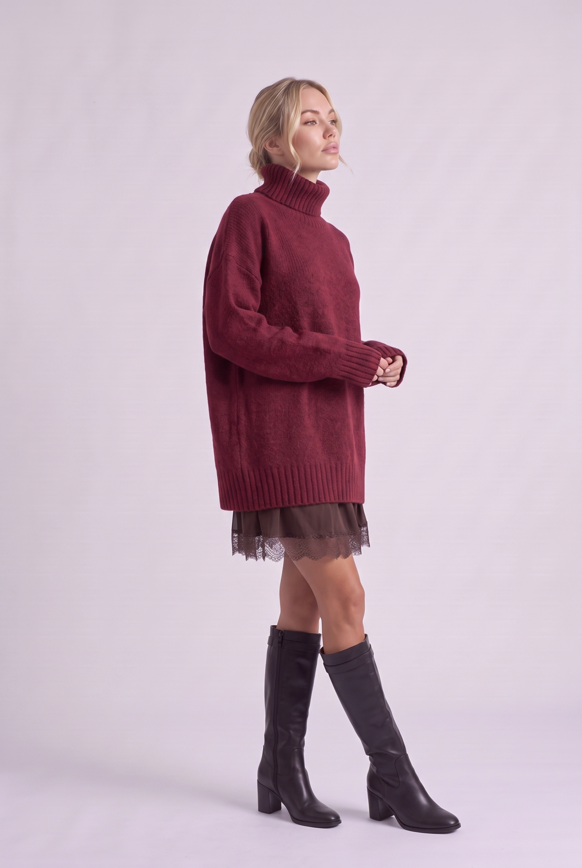 Brielle Oversized Turtleneck Sweater in Wine, three-quarter view