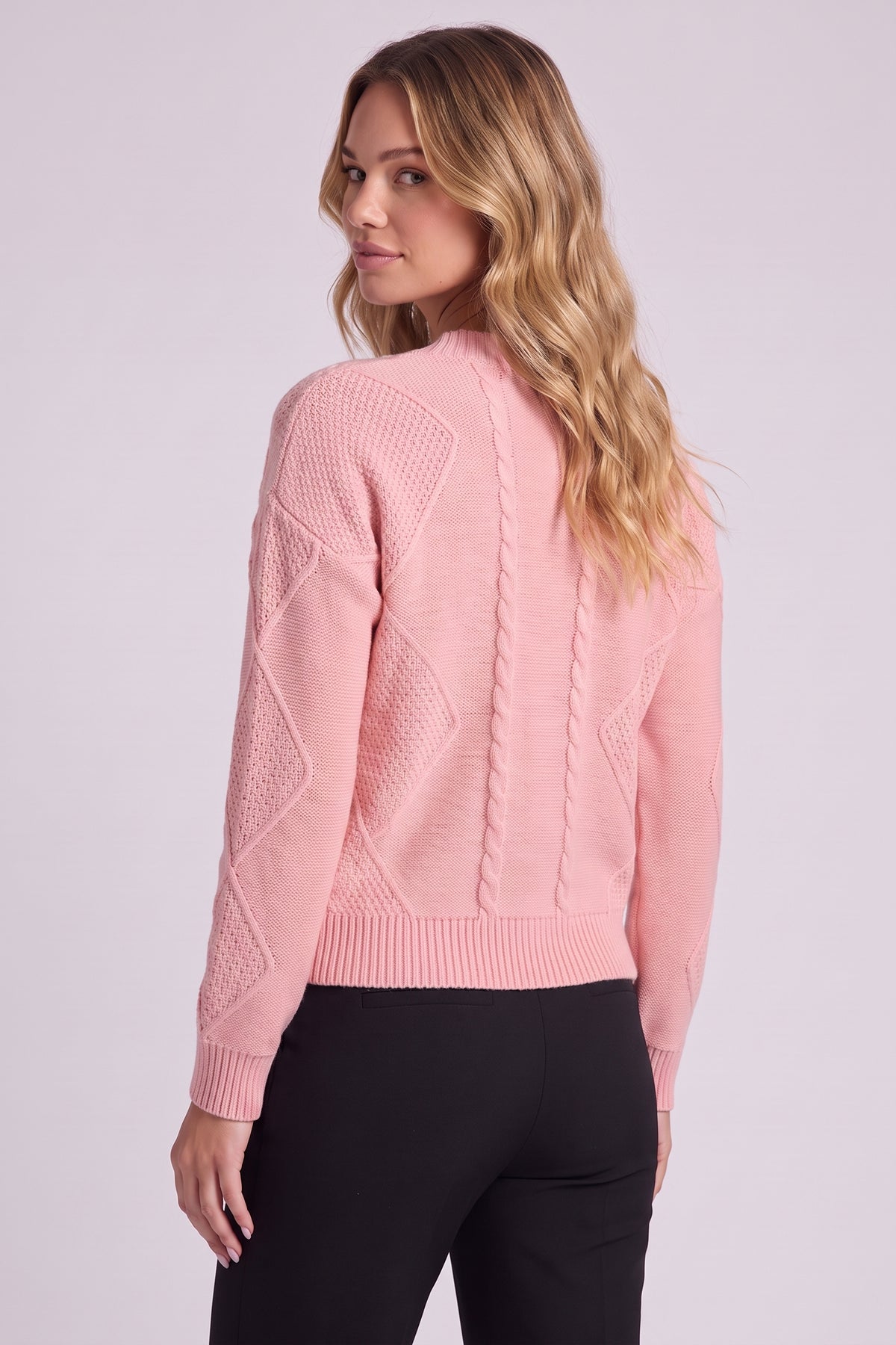 Maren Cable Knit Button Cardigan in Pink - back view