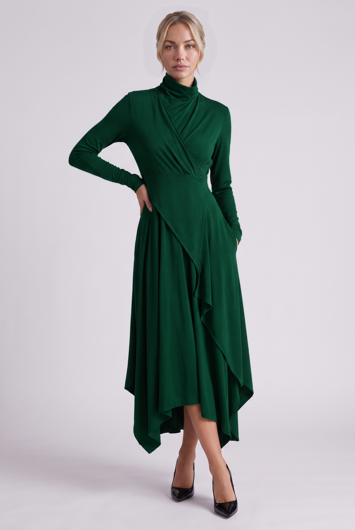 Aurelie Draped Turtleneck Maxi Dress in Green, front view
