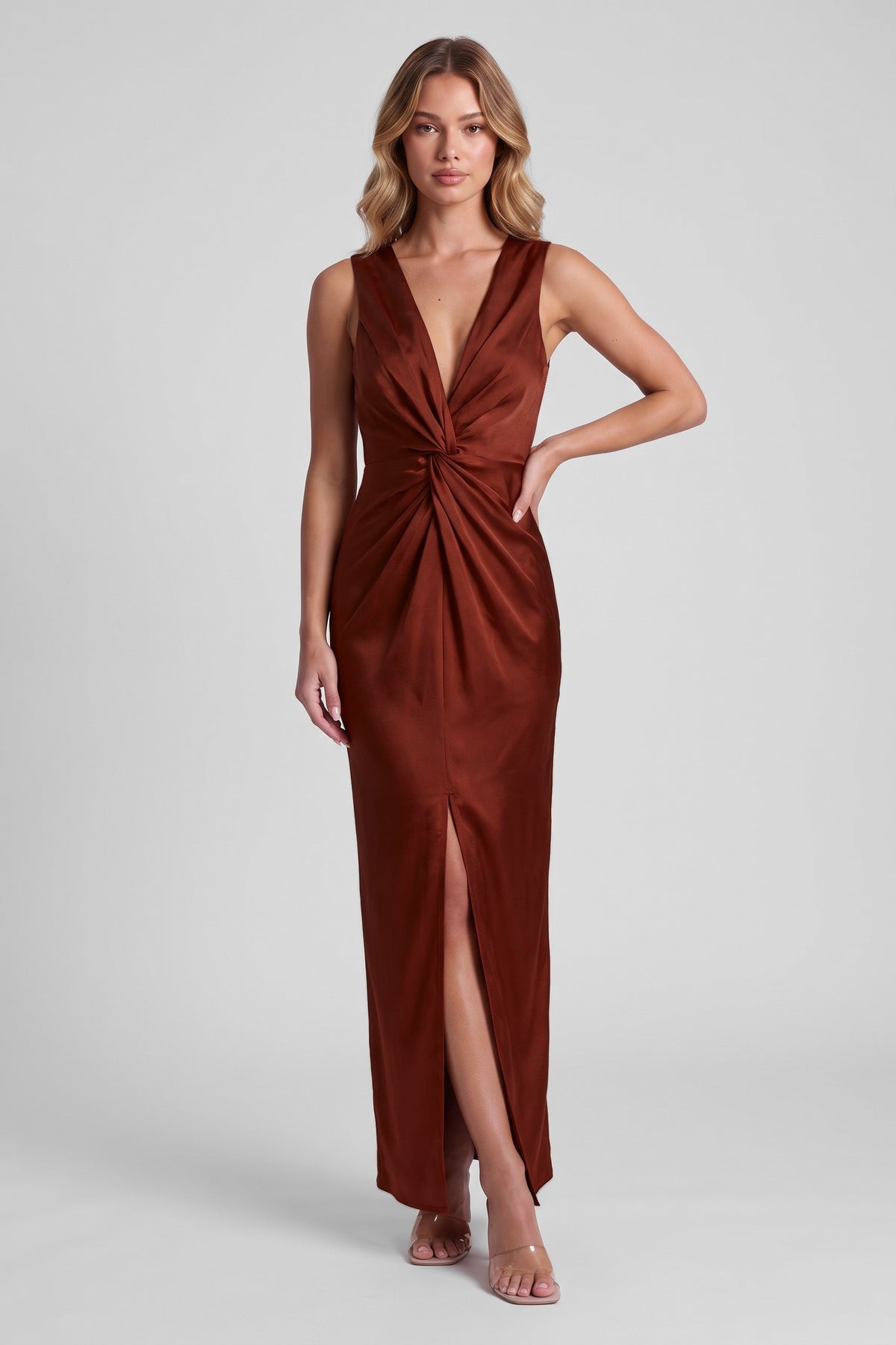 Daphne Satin Twist Maxi Dress - Rust, front view