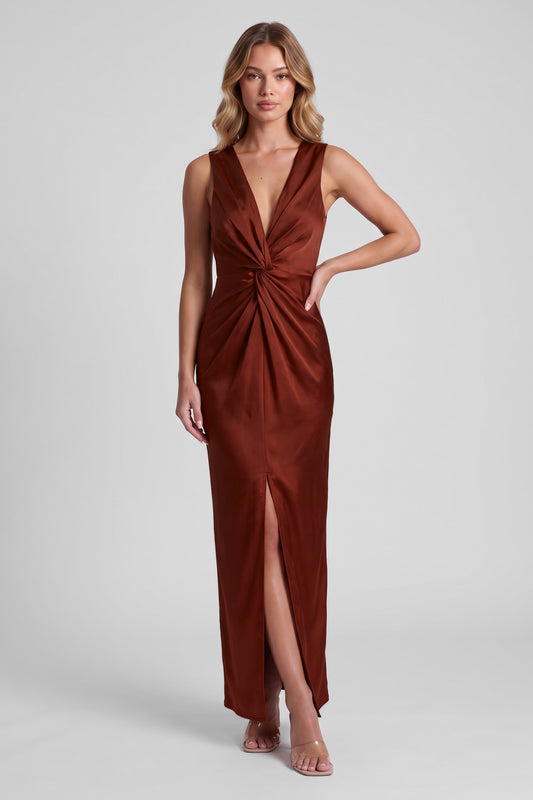Daphne Satin Twist Maxi Dress - Rust, front view