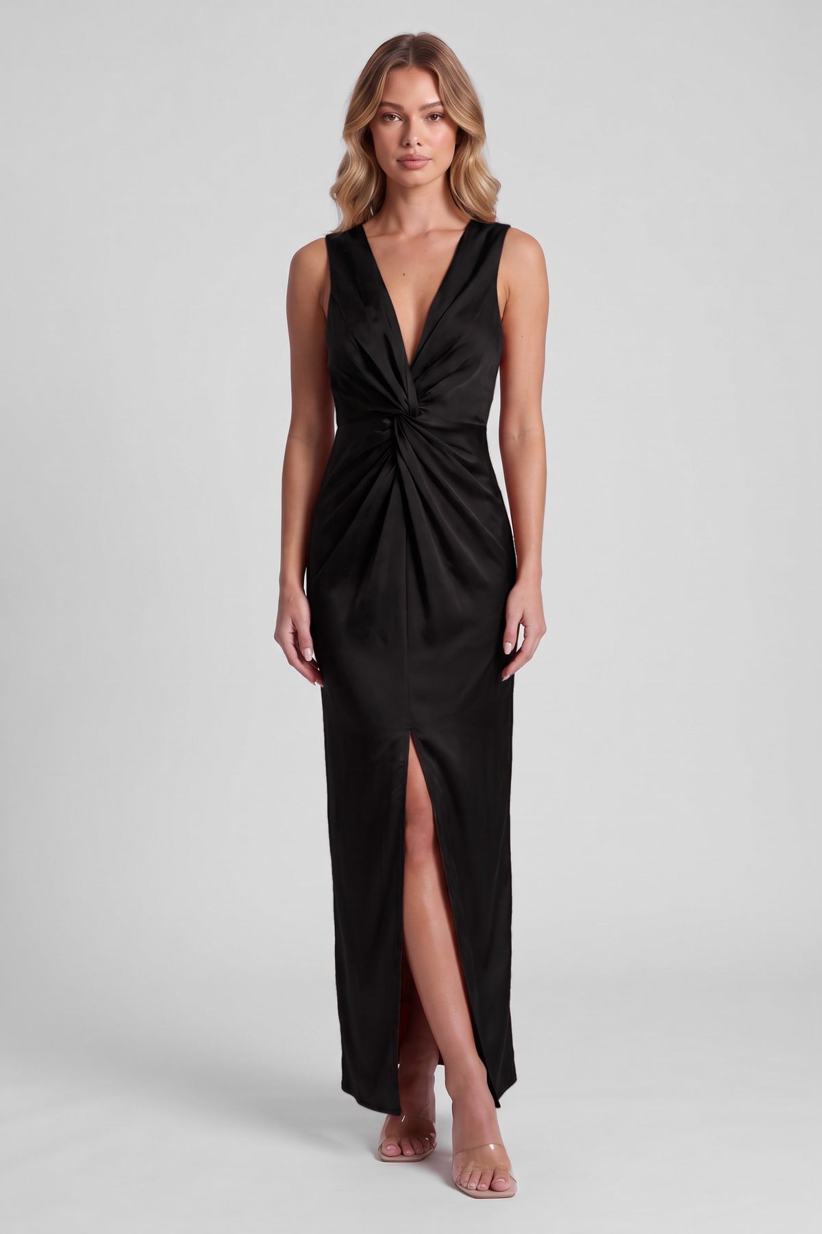 Daphne Satin Twist Maxi Dress - Black, front slit view